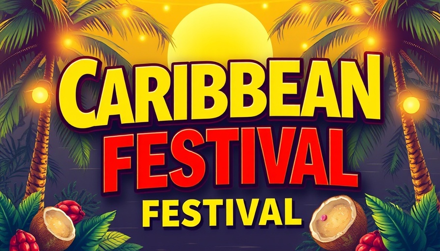 Colorful event poster for Caribbean DJs in Fort Lauderdale with palm trees.