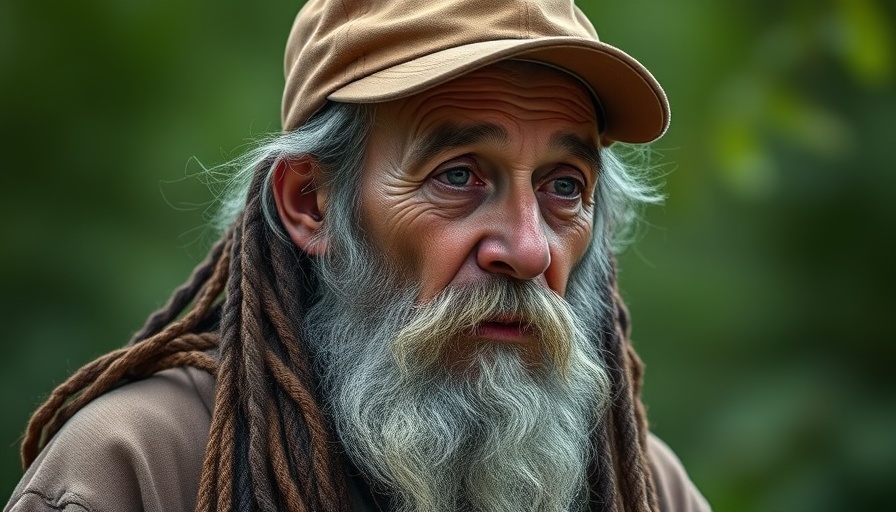 Thoughtful elderly man with beard and dreadlocks, brown cap.