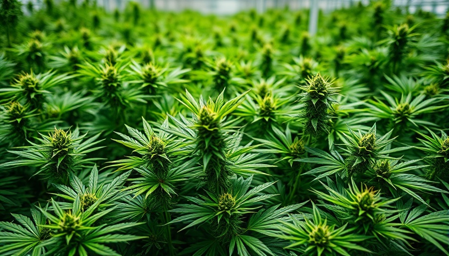 Close-up of lush green cannabis plants in a sunlit environment.