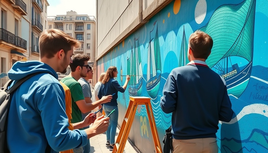 Mural painting in Gaza depicting boats, urban scene.