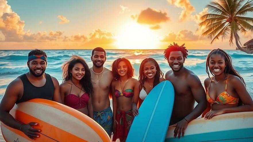 Young adults enjoying Caribbean travel at a vibrant beach with surfboards.