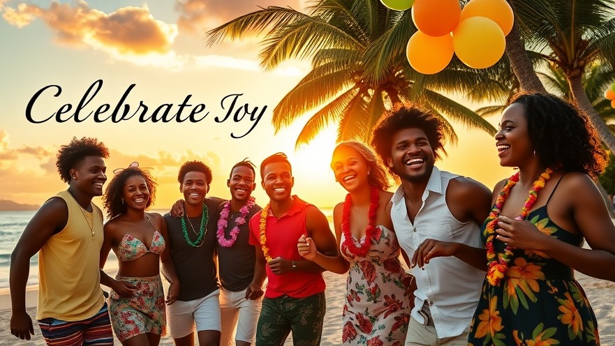 Saint Lucia birthday party: Friends joyfully celebrating with dance on a sandy beach.