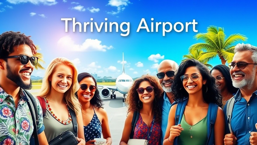 Thriving Airport at Grantley Adams International showcases Barbados tourism with joyful travelers and vibrant landscapes.