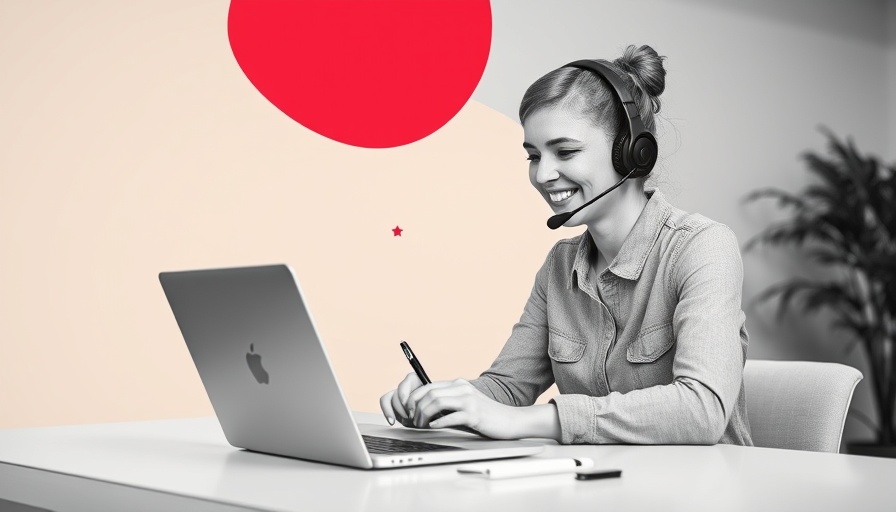 Smiling woman using a laptop and writing, modern workspace with CRM theme.