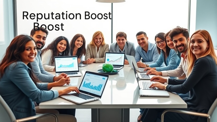 Diverse professionals brainstorming reputation management strategies in a modern conference room.