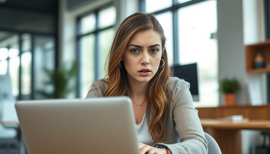Concerned woman looking at laptop to remove defamatory content.
