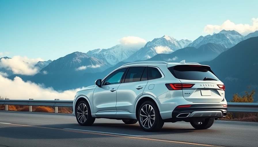 SEO for auto dealerships: White SUV with mountain backdrop promoting local SEO.