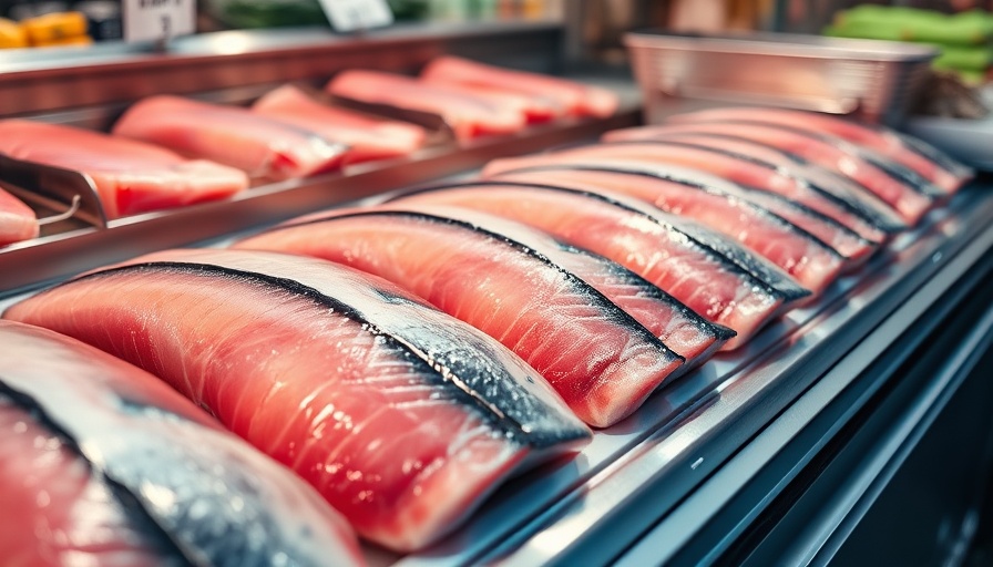 Fresh tuna steaks displayed on a shelf in a marketplace.