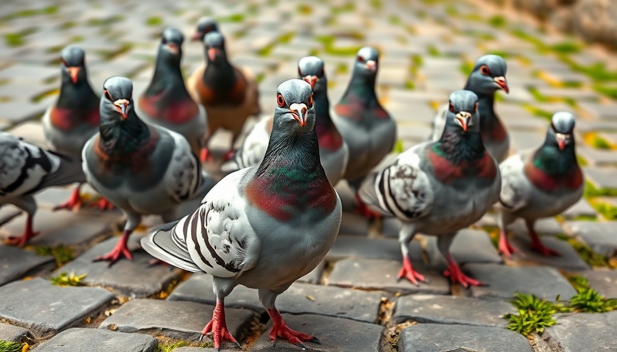 Charming pigeons on cobblestones, vibrant colors, natural setting.