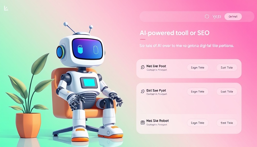 AI-powered SEO tool interface with cartoon robot and title generator.