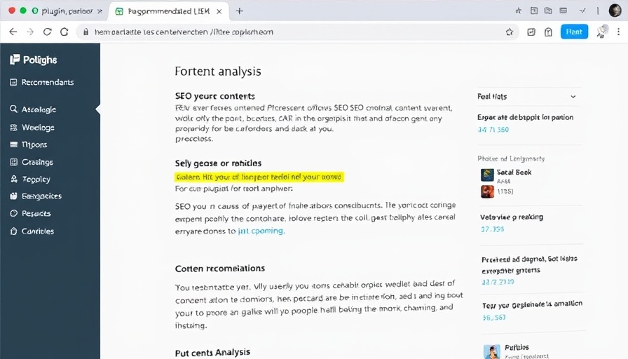 Webpage with SEO plugin tools list highlighting content analysis