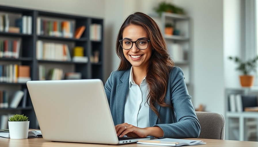 Confident professional woman working at laptop in modern office.