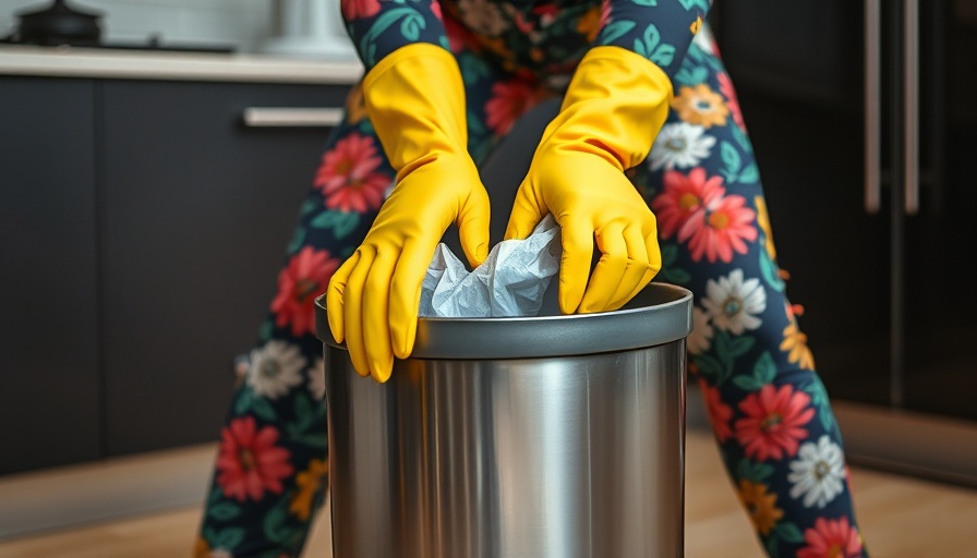 Remove trash from bin with yellow gloves to eliminate garbage can odors