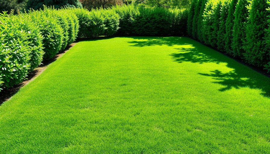 Lush green lawn surrounded by shrubs, get rid of lawn weeds.