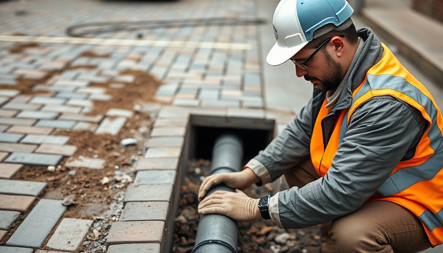 Worker installing sewer line on paved surface.