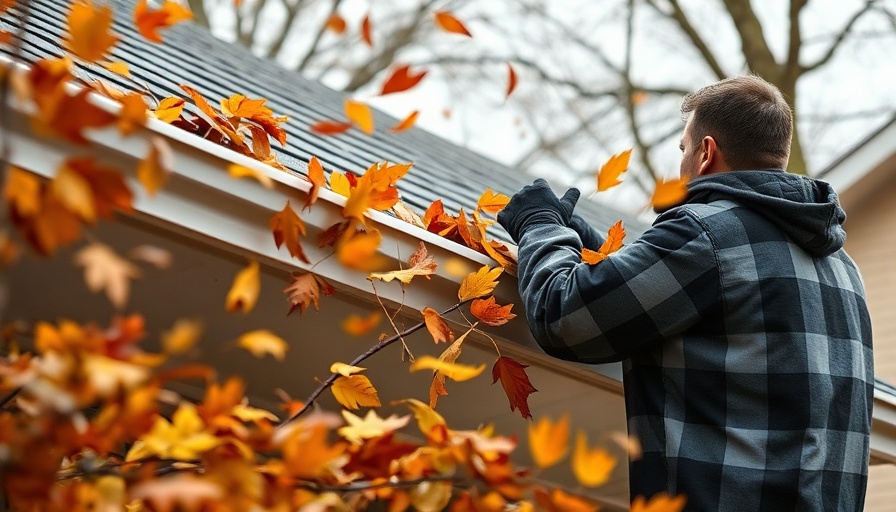 Fall Gutter Care with autumn leaves and person cleaning.
