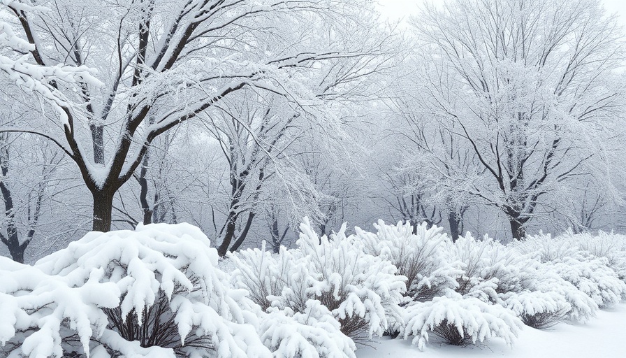 Trees and shrubs bent under heavy snow, showcasing winter damage