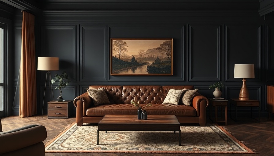 Elegant living room with dark walls, leather sofa, and warm decor.
