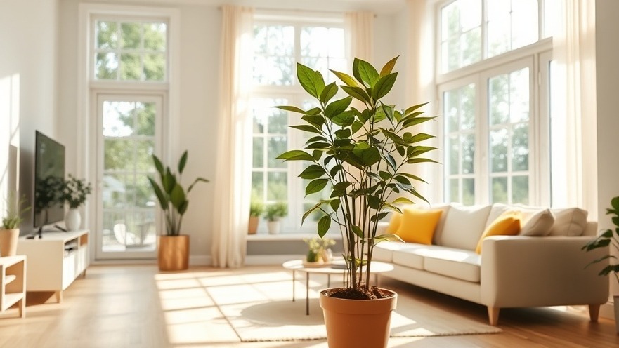Bright Airflow: airy living room with sunlight, large windows, and vibrant plants.