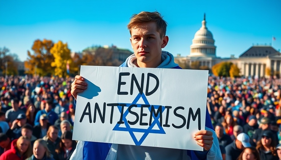 Protester at rally holding 'End Antisemitism' sign, experiencing antisemitism.