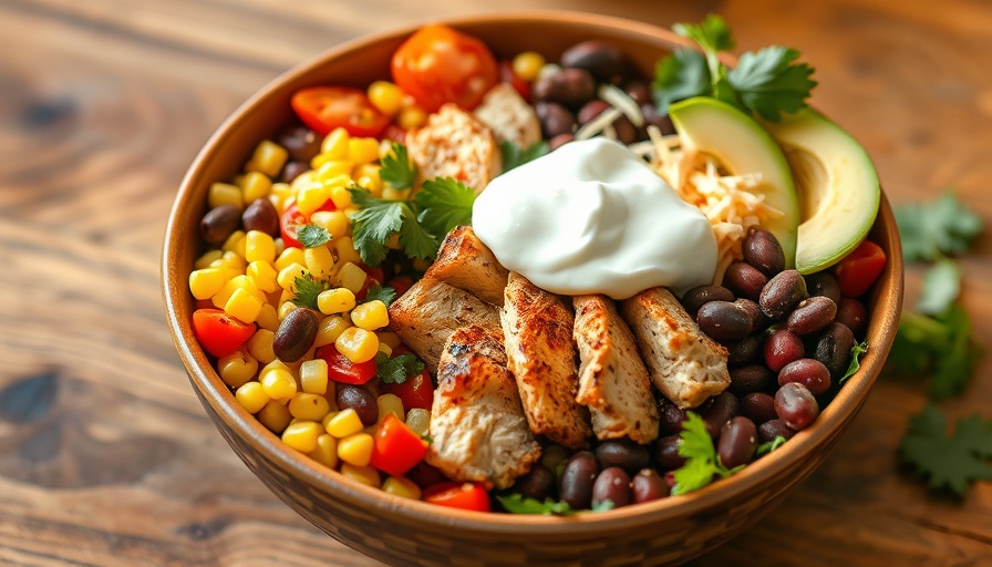 High protein chipotle bowl recipe with colorful ingredients.