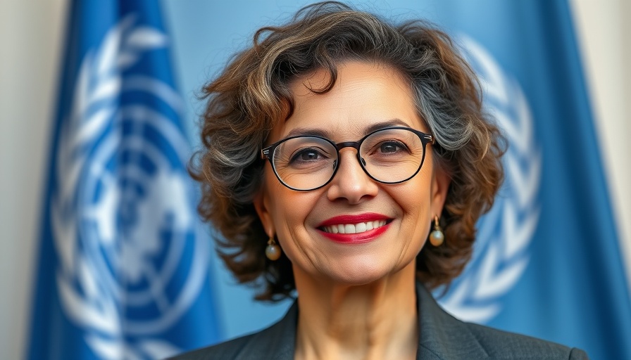 Middle-aged woman in front of UN flag, Global Plastic Pollution Treaty context.