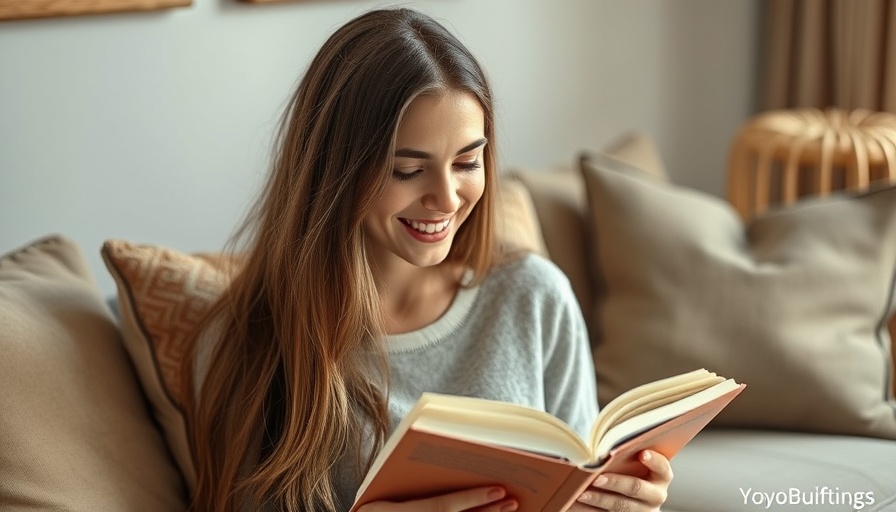 Woman reading a recent book in a cozy corner, smiling contentedly.