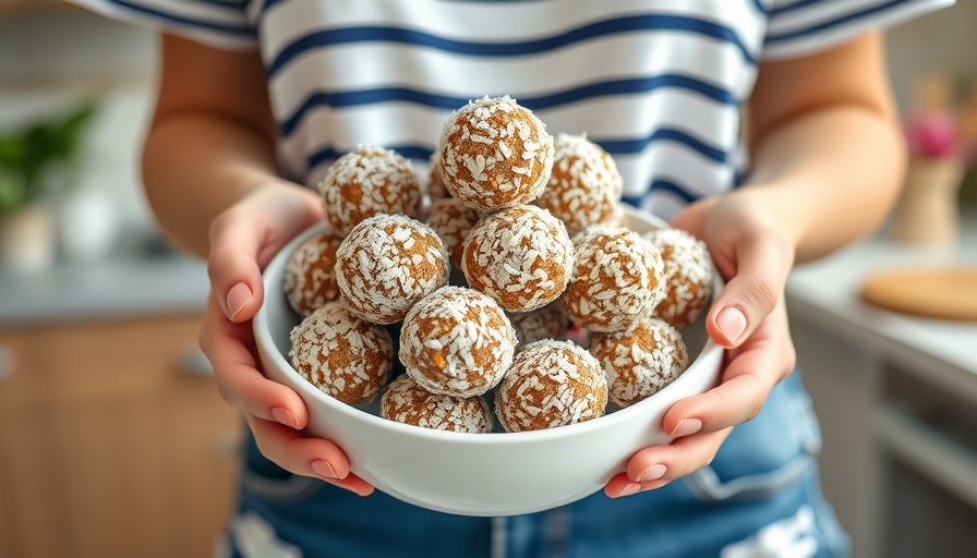 Bowl of pre-workout energy balls held by woman in casual attire.