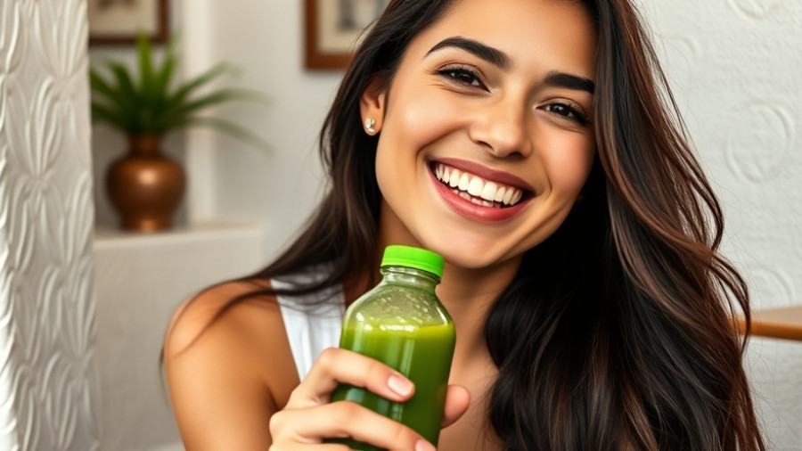 Cheerful woman on fall juice date holding green juice indoors.