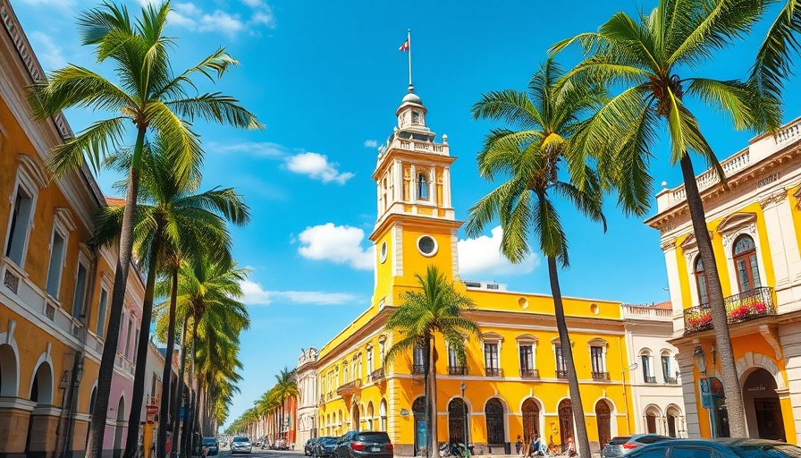Colonial architecture and palm trees in Veracruz travel scene.