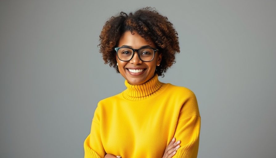 Smiling woman with glasses in yellow sweater, body composition focus.
