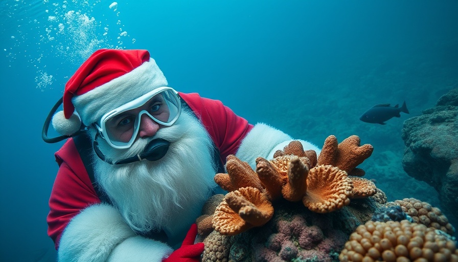 Santa diver explores underwater sculpture, Florida lodging adventure.