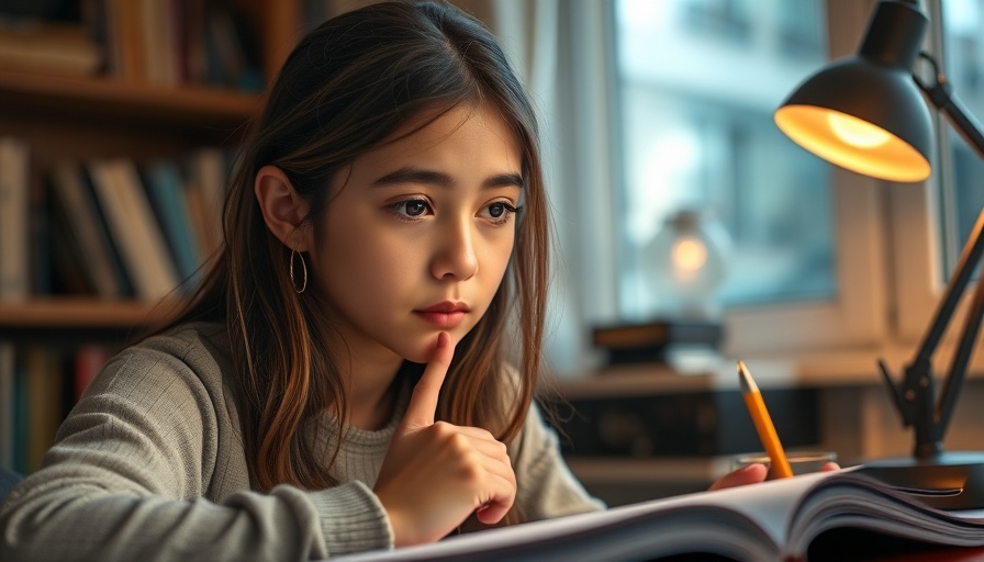 Teen girl considering age verification law on phone, warm study setting.