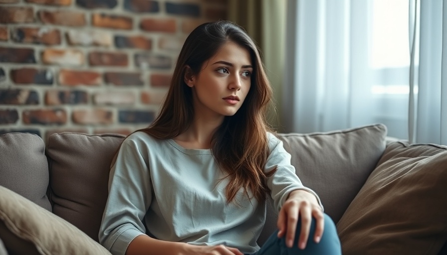 Contemplative young woman on a sofa illustrating mental health and incontinence.