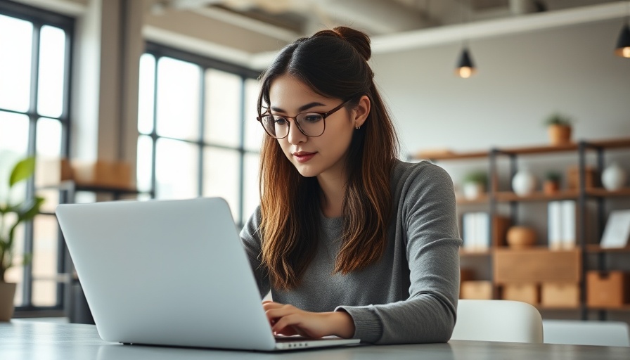 Woman working on laptop in bright, modern office.