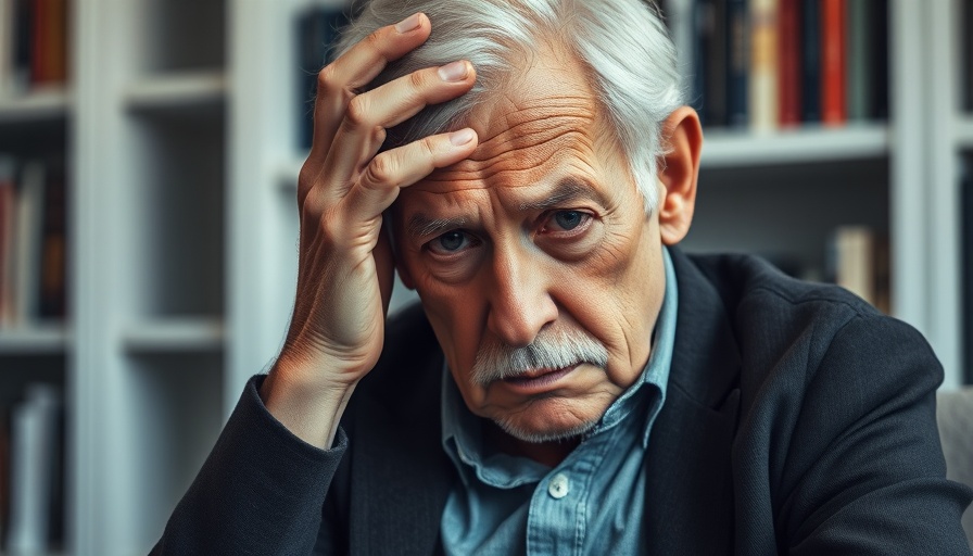 Elderly man worried, hand on forehead, late indoors.