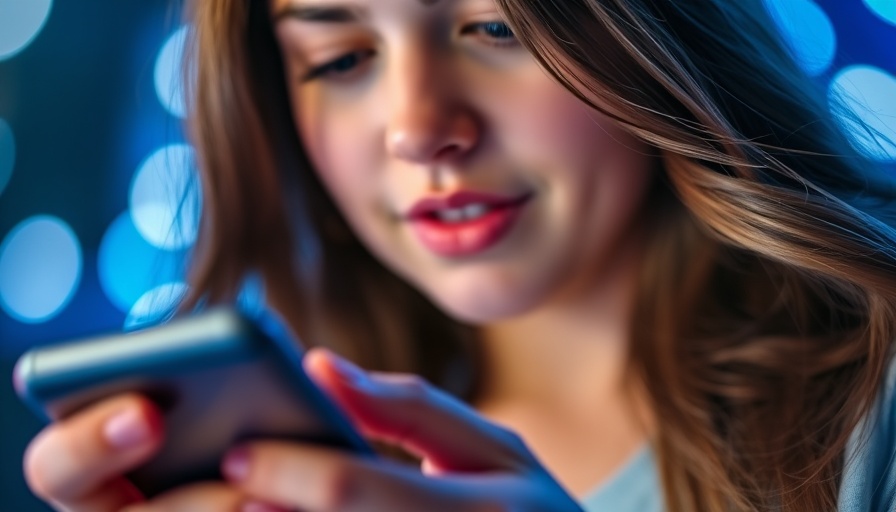 Woman using smartphone with focus, bright blue bokeh background.
