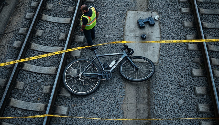 Bicycle struck by train, investigated on gravel railway tracks.
