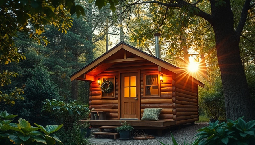 Cozy wooden tiny home surrounded by lush greenery, warm ambiance.