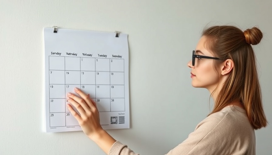 Woman adjusting wall calendar; habit formation concept.