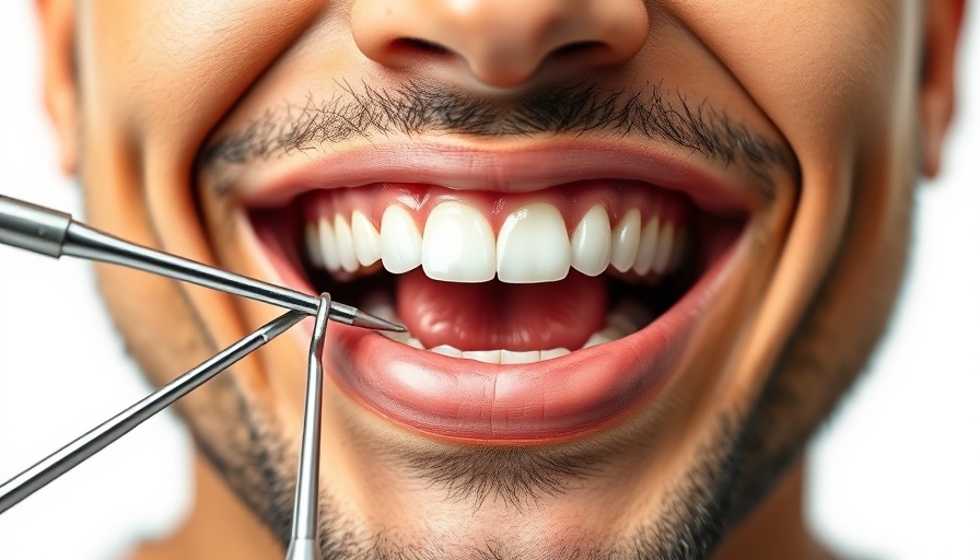 Close-up on oral hygiene with smiling teeth and dental tools.