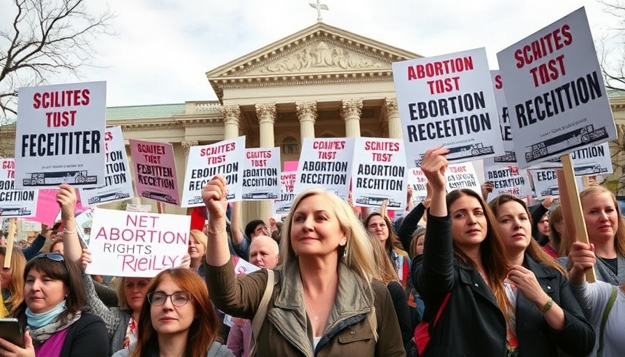 Protesters with signs on abortion rights near courthouse, Wyoming healthcare legislation.