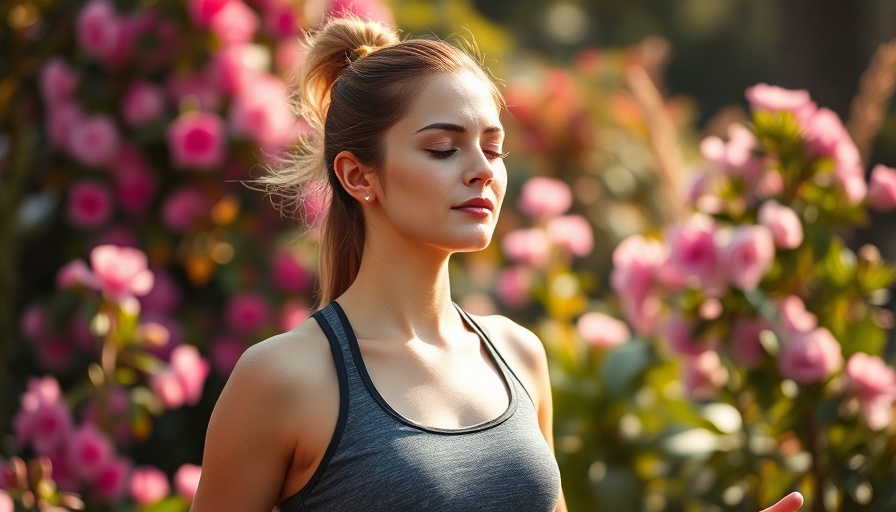 Relaxed woman meditating in garden, serene atmosphere.