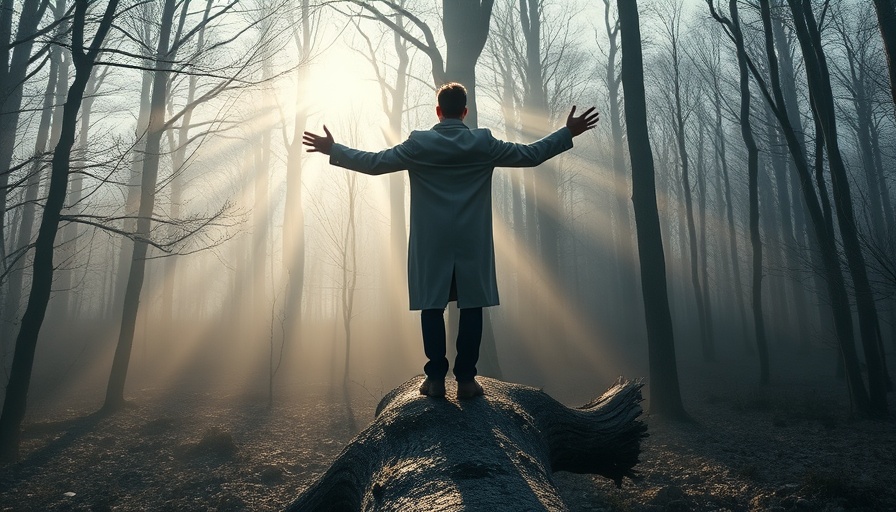 Person in coat embracing nature in misty forest; World Cancer Day.