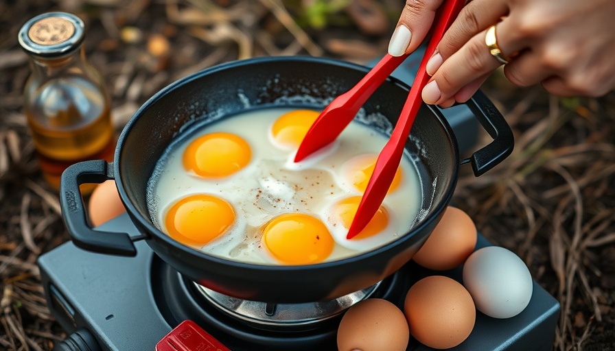 Cooking eggs outdoors on portable stove with oil and eggs nearby.