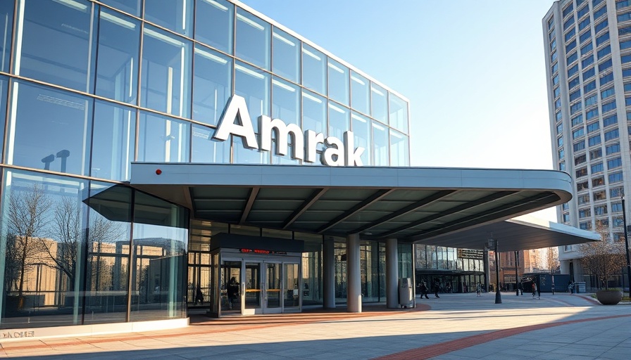 Amtrak station entrance with modern design and glass facade.