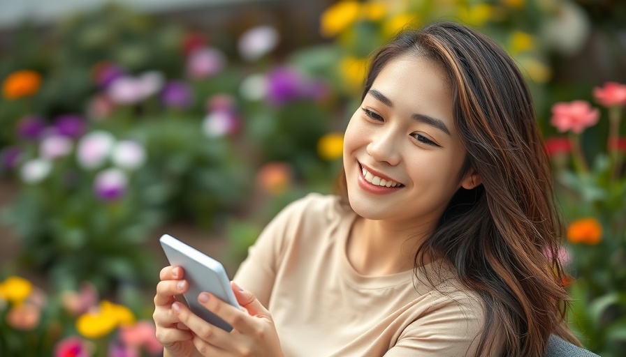 Woman with health monitor in garden setting, relaxed and serene.