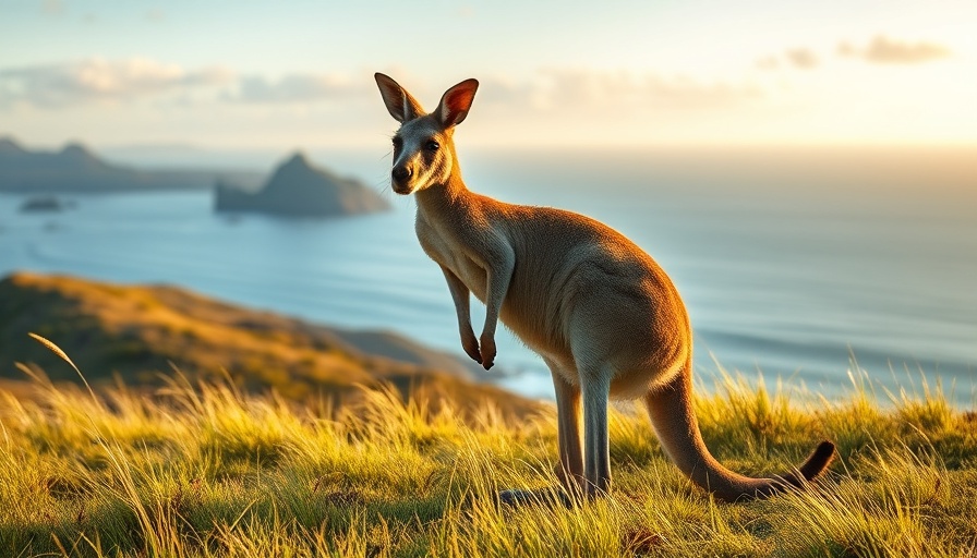 Kangaroo standing on a grassy hill overlooking the ocean at sunset.