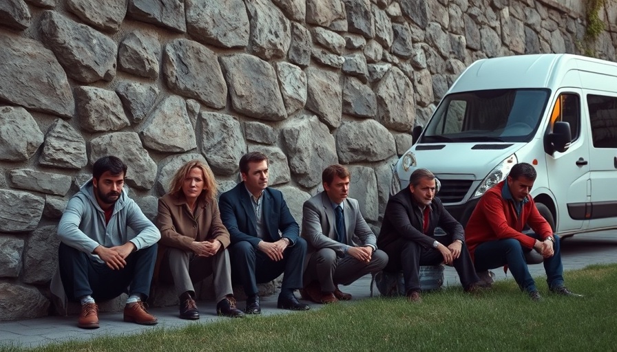 Migrant smuggling news feature with individuals and van in daylight.