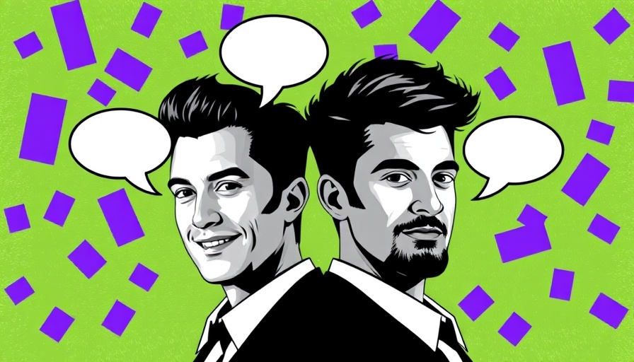 Stylized portrait of two men with speech bubble on green background